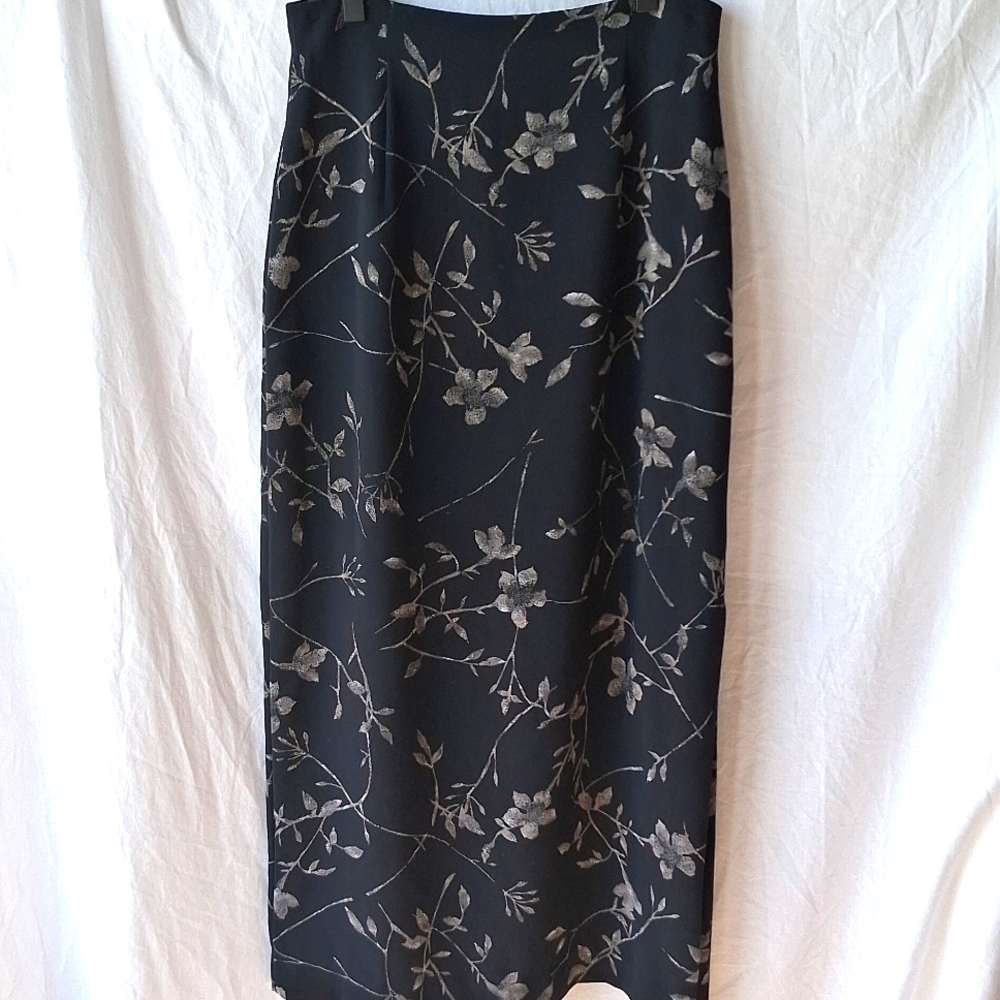 Rena Rowan Vintage Midi Pencil Skirt Black Floral Side Open Size 6